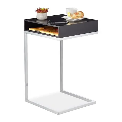 Produktbild: Relaxdays Beistelltisch, C-Form, HBT: 63x37x38 cm, Sofatisch zum Unterschieben, MDF & Metall, Ablagefach, schwarz/Silber