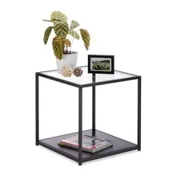 Produktbild: Relaxdays Beistelltisch Glas+Holzablage, Metallgestell, robust, quadratisch, Flacher Couchtisch HBT 50x50x50 cm, schwarz