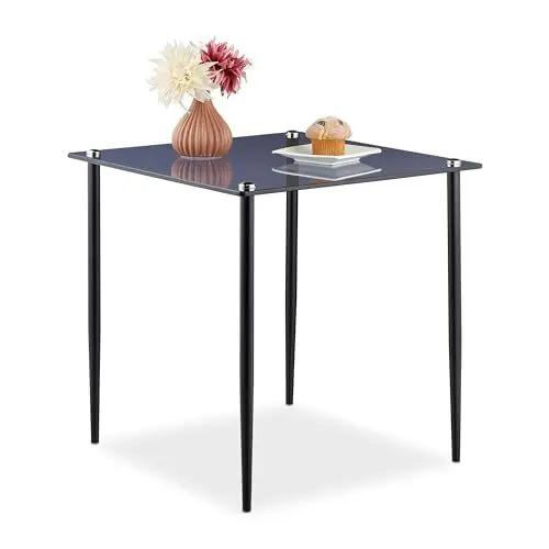 Produktbild: Relaxdays Beistelltisch Glas, Stahl, eckiger Wohnzimmertisch, HBT: 50 x 50 x 50 cm, moderner Glastisch, grau/schwarz