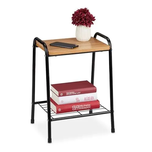 Produktbild: Relaxdays Beistelltisch, Tischplatte in Holzoptik, Metallgestell, Nachttisch, HxBxT: 48 x 35 x 29,5 cm, schwarz/natur