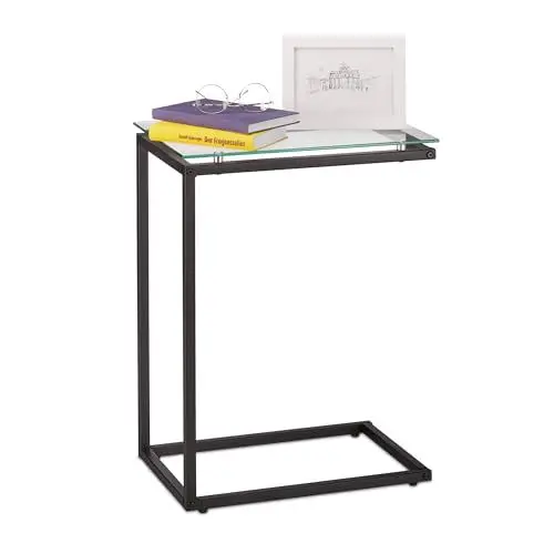 Produktbild: Relaxdays Beistelltisch, U-Form, Glas Tischplatte, Metall, Bauhausstil, Konsolentisch HxBxT: 61 x 30 x 45 cm, schwarz