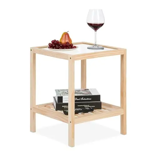 Produktbild: Relaxdays Beistelltisch, Wohnzimmertisch mit Glasplatte, Holz, HxBxT: 50 x 40 x 40 cm, quadratischer Ablagetisch, Natur, Glas