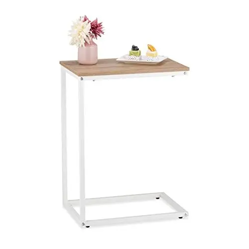 Produktbild: Relaxdays Beistelltisch in C-Form, HBT: 60 x 30 x 45 cm, Sesseltisch zum Unterschieben, Metall & Holzoptik, weiß/braun