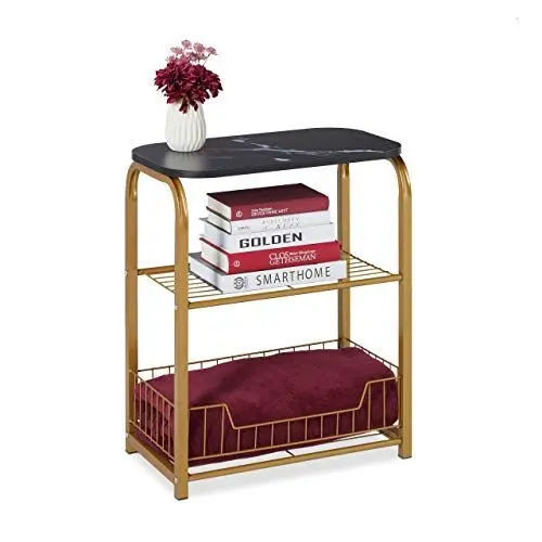 Produktbild: Relaxdays Beistelltisch mit Aufbewahrung, Tischplatte in Marmor-Optik, Metallgestell, HBT: 62 x 50 x 30 cm, schwarz-Gold