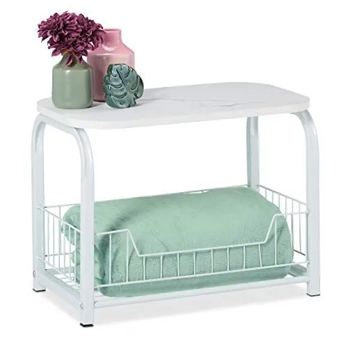 Produktbild: Relaxdays Beistelltisch mit Aufbewahrung, Tischplatte in Marmor-Optik, Metallgestell, HxBxT: 38 x 50 x 30 cm, weiß, Eisen