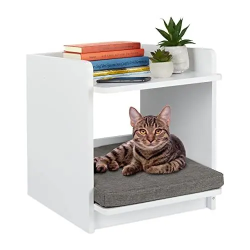 Produktbild: Relaxdays Beistelltisch mit Haustierbett, Katzen & kleine Hunde, HxBxT: 45 x 40 x 44,5 cm, Tierhöhle mit Kissen, weiß, Polyester