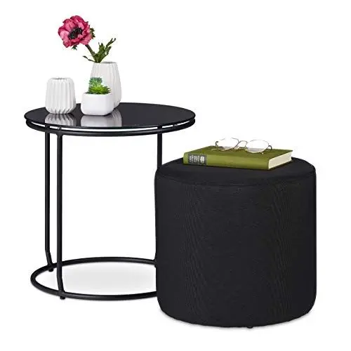 Produktbild: Relaxdays Beistelltisch mit Hocker, runder Couchtisch mit Sitzhocker, platzsparend, Glas & Metall, 40 x 40 cm, schwarz