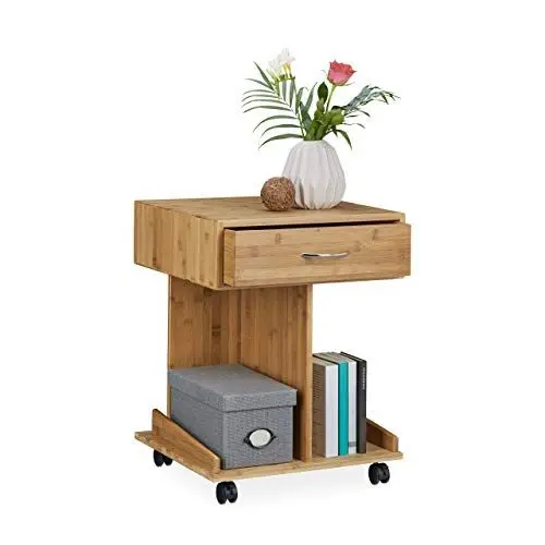 Produktbild: Relaxdays Beistelltisch mit Rollen ROLLI Bambus, Schublade, 2 Ablagen für Bücher, HxBxT: ca. 56,5 x 43 x 46 cm, natur