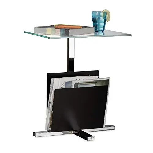 Produktbild: Relaxdays Beistelltisch mit Zeitungsständer, Metall, Glas Couchtisch, Zeitungsablage, HxBxT: 53 x 46 x 36 cm, schwarz