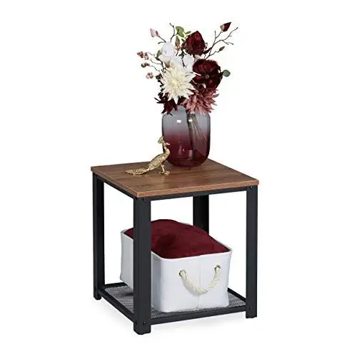 Produktbild: Relaxdays Beistelltisch, quadratische Tischplatte in Holzoptik, Gitterablage, Stahl, HBT: 44 x 40 x 40 cm, braun/schwarz, 1 Stück