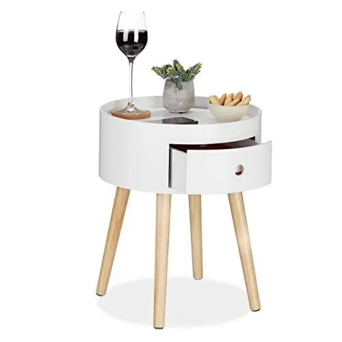 Produktbild: Relaxdays Beistelltisch rund, Schublade, Holzbeine, skandinavisches Design, minimalistisch, HxD 46 x 38 cm, weiß/Natur, 1 Stück
