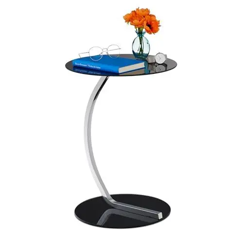 Produktbild: Relaxdays Beistelltisch, rund, für Wohnzimmer, modernes Design, Glas & Stahl, H x D: 55 x 40 cm, Couchtisch, schwarz