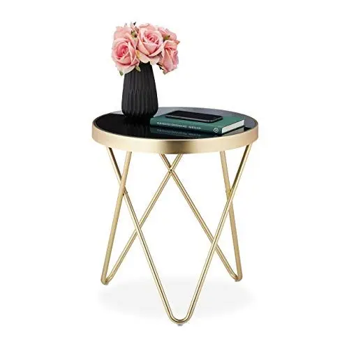 Produktbild: Relaxdays Beistelltisch rund, trendiger Couchtisch, Metall & Glas, Hochglanz, Retro-Design, HxD: 46x42 cm, schwarz-gold, 1 Stück