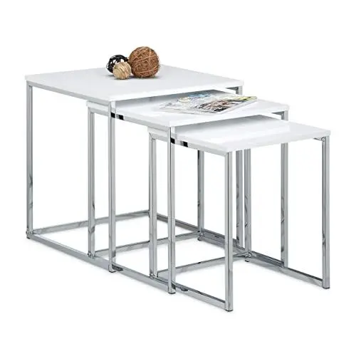 Produktbild: Relaxdays Beistelltische 3er Set, Couchtisch, Holz, Metall, Satztische, modernes Design, HxBxT: ca. 42 x 40 x 40 cm, weiß