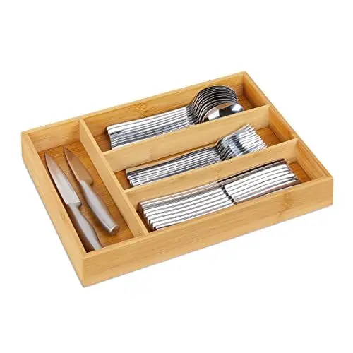 Produktbild: Relaxdays Besteckkasten, 4 Fächer, Bambus, Schubladenkasten klein, Besteck & Küchenutensilien, HBT 5x26x35,5 cm, Natur