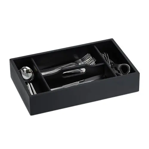 Produktbild: Relaxdays Besteckkasten, 4 Fächer mit Griff, Schubladen Ordnungssystem, HBT: 7 x 37 x 23 cm, Besteck Organizer, schwarz