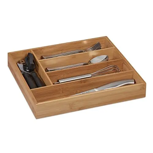 Produktbild: Relaxdays Besteckkasten, 5 Fächer, Bambus, Schubladenkasten klein, für Besteck & Küchenutensilien, HBT 5x30x34 cm, Natur