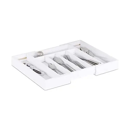 Produktbild: Relaxdays Besteckkasten Schublade, ausziehbar, variable Breite, 5 - 7 Fächer, Bambus Organizer, 37.10 X 31.80 X 5.20, weiß
