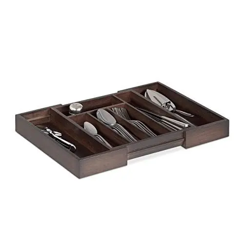 Produktbild: Relaxdays Besteckkasten Schublade, ausziehbar, variable Breite, 5 bis 7 Fächer, Bambus, HBT: 5x48x33,5cm, dunkelbraun