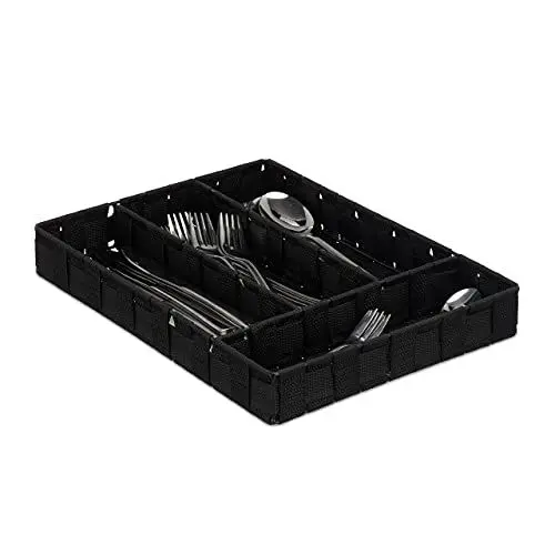 Produktbild: Relaxdays Besteckkasten, Schubladeneinsatz mit 4 Fächern, für Küchenbesteck, geflochten, HxBxT 4,5 x 26 x 36 cm, schwarz 10030252_46