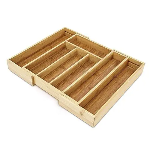 Produktbild: Relaxdays Besteckkasten aus Bambus HBT ca. 5 x 42,7 x 34cm Besteckeinsatz ausziehbar mit 5 bis 7 Fächern als Schubladeneinsatz und Küchenorganizer pflegeleichte Besteckeinlage für alle Schubladen, natur