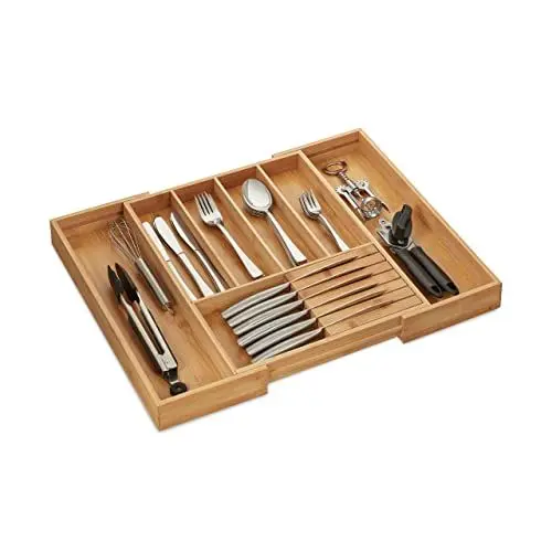 Produktbild: Relaxdays Besteckkasten, ausziehbar, 5-7 Fächer, HxBxT 5x55x43 cm, Küche, Schubladeneinsatz, Messerblock, Bambus, Natur