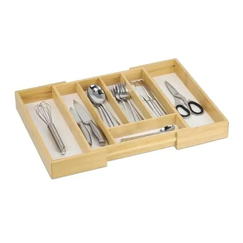 Produktbild: Relaxdays Besteckkasten, ausziehbar, 5 bis 7 Fächer, Schubladen Organizer, Bambus & MDF, Besteckschublade, Natur/weiß, 5 x 47 x 33 cm
