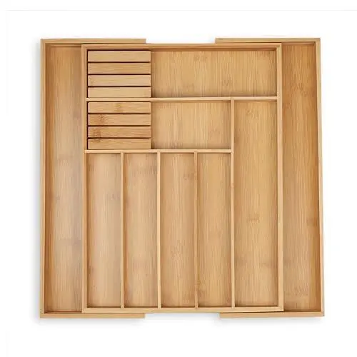 Produktbild: Relaxdays Besteckkasten, ausziehbar, 7-9 Fächer, HxBxT: 5,5x45x44,5 cm, Schubladeneinsatz, 2 Messerblöcke, Bambus, Natur