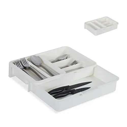 Produktbild: Relaxdays Besteckkasten, ausziehbar, 7 Fächer, für Besteck & Küchenutensilien, Kunststoff, HBT 6x23,5x31,5 cm, weiß