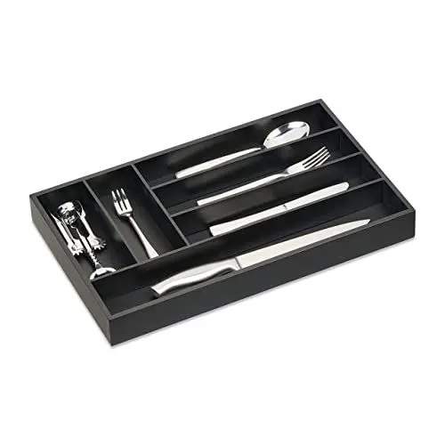 Produktbild: Relaxdays Besteckkasten für Schubladen, 6 Fächer, HBT: 5 x 46 x 28 cm, Schubladeneinsatz, Besteckeinsatz Bambus, schwarz