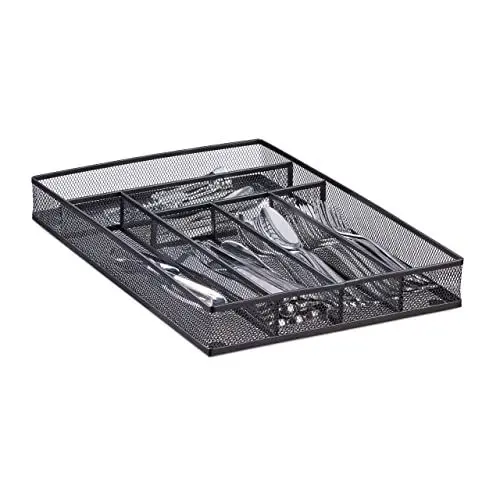 Produktbild: Relaxdays Besteckkasten groß Metallgeflecht, Besteckeinsatz offen, Drahtdesign, Größe L, HBT: 5,1x28,6x40,6 cm, schwarz