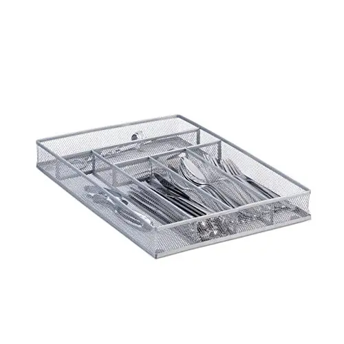 Produktbild: Relaxdays Besteckkasten groß Metallgeflecht, Besteckeinsatz offen, Größe L, HBT: 5,1x28,6x40,6 cm, robust, silber