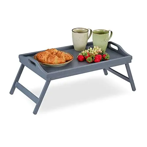 Produktbild: Relaxdays Betttablett Bambus, klappbare Beine, erhöhter Rand, Frühstückstablett fürs Bett, HBT: 6,5 x 50 x 30 cm, grau