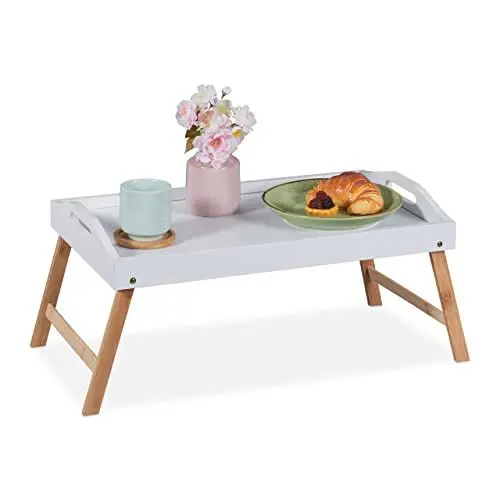 Produktbild: Relaxdays Betttablett klappbar, Essenstablett mit Füßen, Frühstück im Bett, Bambus & MDF, HBT: 24x55,5x30 cm, weiß/Natur