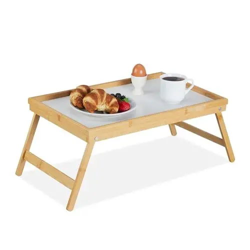 Produktbild: Relaxdays Betttablett Bambus, faltbar, Serviertablett für Frühstück im Bett mit klappbaren Beinen als Tabletttisch und Sofatisch Beistelltisch mit Tablett aus Kunststoff, natur, 10013869, Braun, Bett Tablett Weiß-Bambus