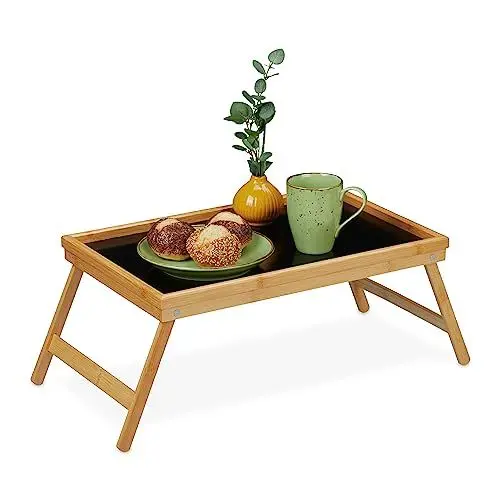 Produktbild: Relaxdays Betttablett klappbar, Tablett mit Füßen, Frühstück im Bett, Bambus & MDF, HBT 23 x 61,5 x 31 cm, Natur/schwarz, 90 10% Faserplatte