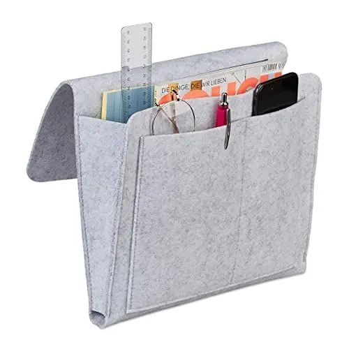 Produktbild: Relaxdays Betttasche, zum Einhängen, 5 Fächer, Aufbewahrung Bett & Sofa, Filz Bettorganizer HBT 26 x 28 x 5 cm, hellgrau