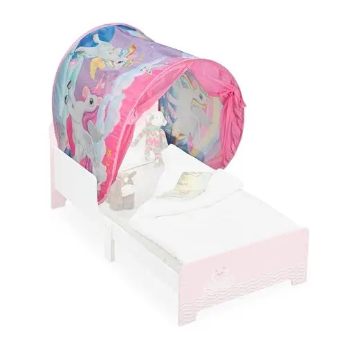 Produktbild: Relaxdays Bettzelt Kinder, BxT: 220x79 cm, Einhorn-Design, Betttunnel für Kinderbett, Pop-up-Funktion, Betthöhle, bunt