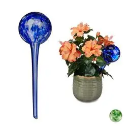 Produktbild: Relaxdays Bewässerungskugel 2er Set, dosierte Pflanzen Bewässerung, Blumentopf, Gießhilfe Büro, Urlaub, Glas Ø 9cm, blau, 2 Stück