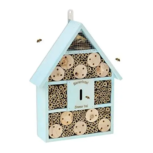 Produktbild: Relaxdays Bienenhotel, Nisthilfe Wildbienen, Garten, Balkon, Insektenhotel zum Aufhängen, Holz, HBT 38 x 29 x 9 cm, blau