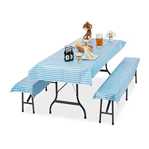 Produktbild: Relaxdays Bierzeltgarnitur Auflage, 3er Set, bayrisch, Biertisch Tischdecke 250x100cm, 2 Bierbankauflagen, weiß-blau