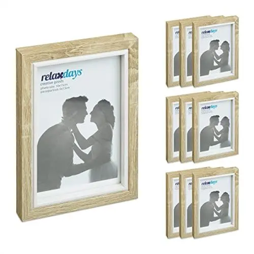 Produktbild: Relaxdays Bilderrahmen 10er Set, 10x15cm, Hoch- & Querformat, Rahmen zum Aufhängen, Hinstellen, Passepartout, braun/weiß