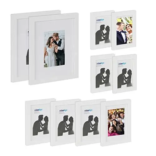 Produktbild: Relaxdays Bilderrahmen 10er Set, verschiedene Größen, Bildercollage, zum Aufhängen oder Hinstellen, Fotorahmen, weiß