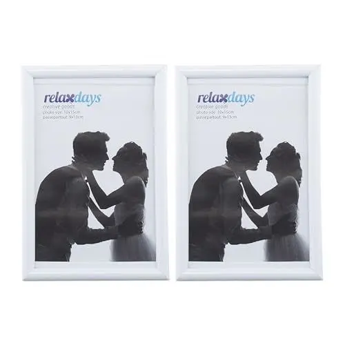 Produktbild: Relaxdays Bilderrahmen 2er Set, 10x15 cm, Passepartout 9x13 cm, Glasscheibe, Fotorahmen zum Stellen & Hinhängen, weiß