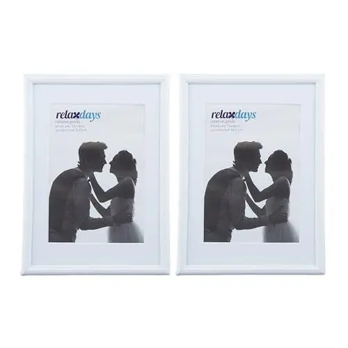 Produktbild: Relaxdays Bilderrahmen 2er Set, 13x18 cm, Passepartout 9x13 cm, Glasscheibe, Fotorahmen zum Stellen & Hinhängen, weiß