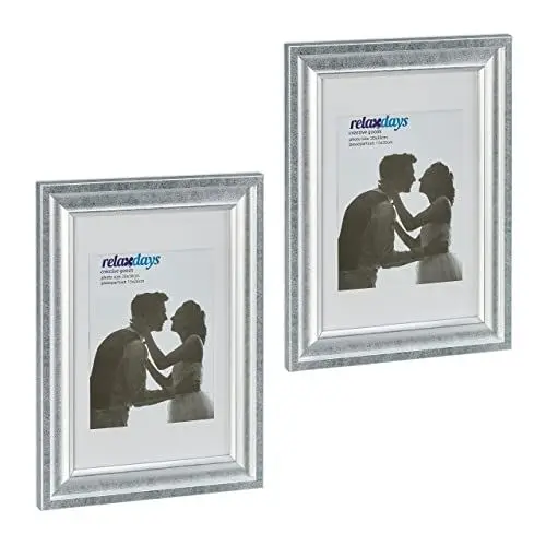 Produktbild: Relaxdays Bilderrahmen 2er Set, 20x30 cm, Hoch- & Querformat, Fotorahmen zum Aufhängen, Hinstellen, Passepartout, silber