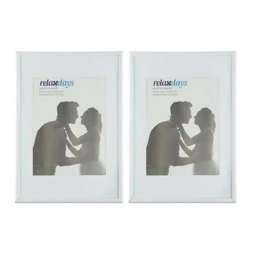 Produktbild: Relaxdays Bilderrahmen 2er Set, 20x30 cm, Passepartout 15x20 cm, Glasscheibe, Fotorahmen zum Stellen & Hinhängen, weiß