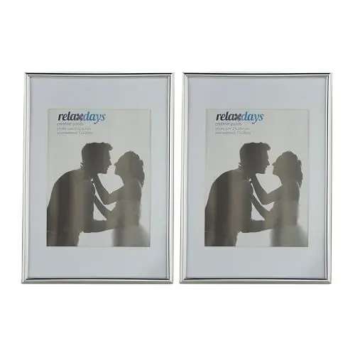 Produktbild: Relaxdays Bilderrahmen 2er Set, Din A4, Passepartout 15x20 cm, Glasscheibe, Fotorahmen zum Stellen & Hinhängen, silber