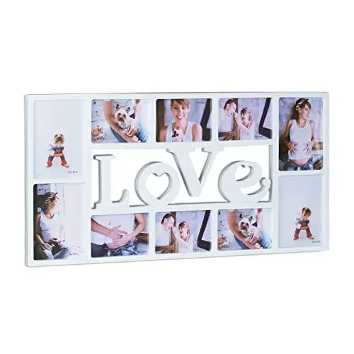Produktbild: Relaxdays Bilderrahmen Collage LOVE, Fotorahmen 10 Bilder, Wandgalerie für Fotocollagen, HBT: 36,5 x 72 x 2 cm, weiß