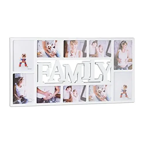 Produktbild: Relaxdays Bilderrahmen Familie, Fotorahmen für 10 Bilder, Collage Family zum Hinhängen, HxBxT: 36,5 x 72 x 2 cm, weiß